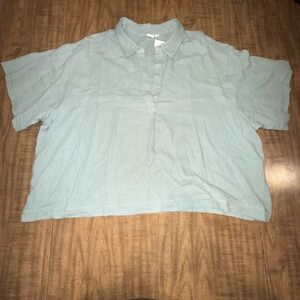 New Gap Women's Top Blouse Short Sleeve Light Green Cotton 2XL Collared Casual